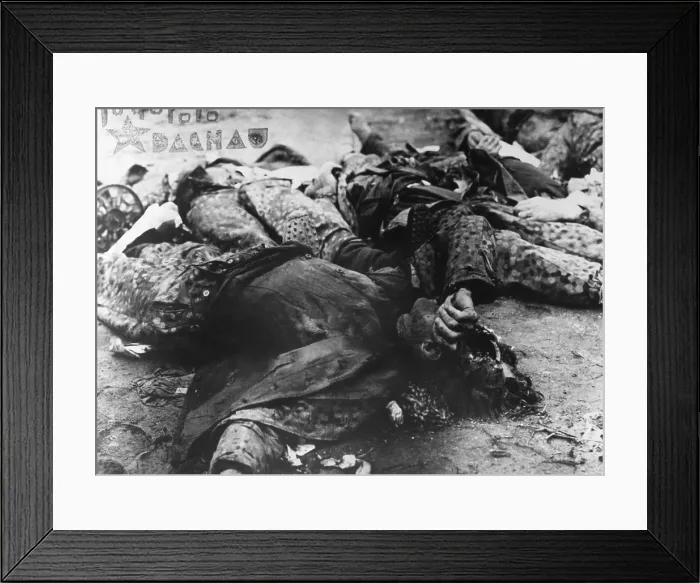 Framed Print : Nazi SS Soldiers from Dachau Hospital were shot in the coal yard by U.S. soldiers. The 100 were under guard near when a machine gunner fired and other soldiers joined