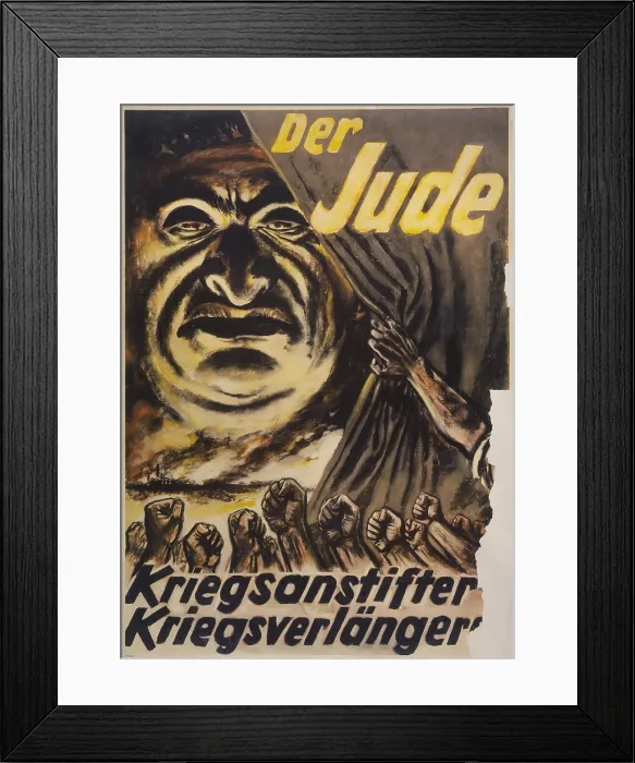 Framed Print : The Jew: Warmonger, War Elongater'. 1940s German Anti-Semitic Poster. It accuses Jews of starting World War 2 and of perpetuating it