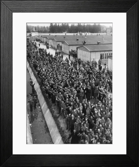 Framed Print : Prisoners at Dachau shout a greeting to liberating troops of the Seventh US Army's 42nd Division Framed Print : Prisoners at Dachau shout a greeting to liberating troops of the Seventh US Army's 42nd Division