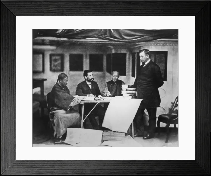 Framed Print : Minister Frederick Low, the US Ambassador to China, with a Chinese translator and secretary. He is on the USS Frigate COLORADO during the Korean expedition of May-June, 1871 Framed Print : Minister Frederick Low, the US Ambassador to China, with a Chinese translator and secretary. He is on the USS Frigate COLORADO during the Korean expedition of May-June, 1871