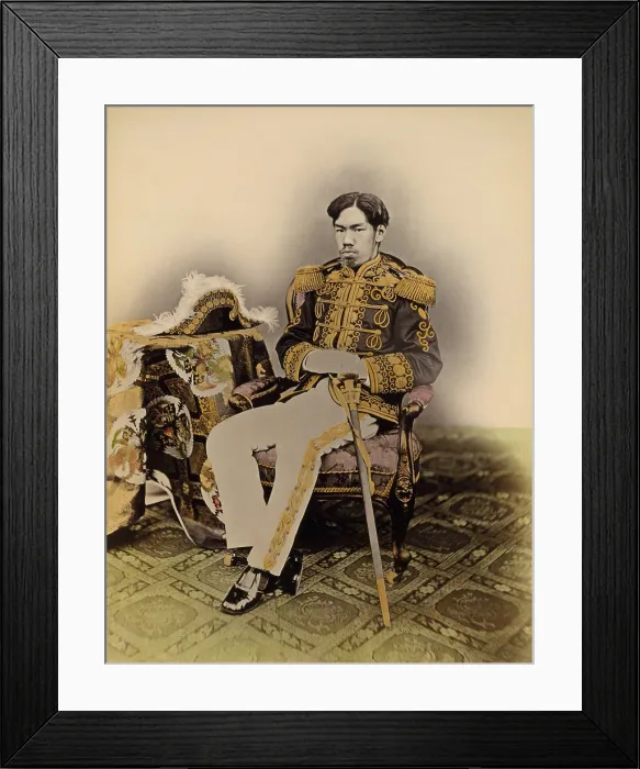 Framed Print : Mutsuhito, The Meiji Emperor, in military dress, 1872. Albumen print by Uchida Kuichi, with applied color