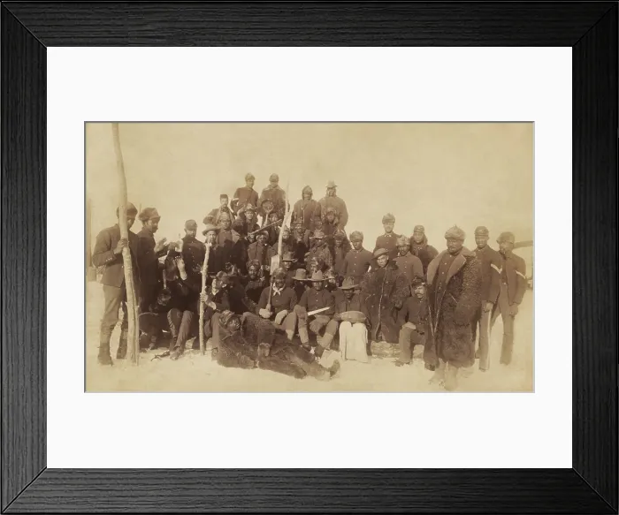 Framed Print : Buffalo soldiers of the 25th Infantry, several wearing buffalo robes, Ft. Keogh, Montana, 1890
