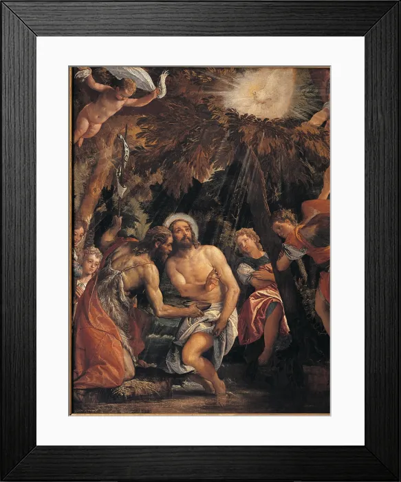Framed Print : Baptism and Temptation of Christ, by Paolo Caliari known as Veronese, 1580 - 1581, 16th Century, oil on canvas, cm 248 x 450 - Italy, Lombardy, Milan, Brera art gallery. Detail Framed Print : Baptism and Temptation of Christ, by Paolo Caliari known as Veronese, 1580 - 1581, 16th Century, oil on canvas, cm 248 x 450 - Italy, Lombardy, Milan, Brera art gallery. Detail
