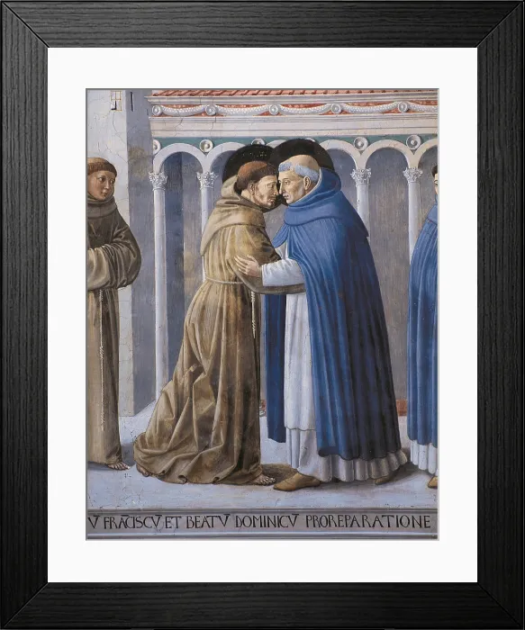 Framed Print : Scenes from the Life of St Francis Meeting of St Francis and St Dominic, by Benozzo di Lese di Sandro known as Benozzo Gozzoli, 15th Century, 1450 -1452, fresco, - Italy, Umbria