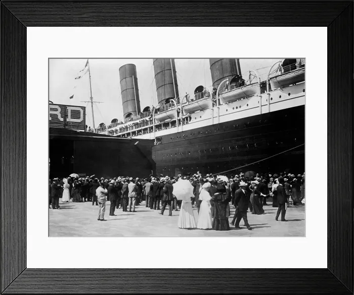 Framed Print : HMS Lusitania at New York dock in 1907. She is met by a crowd on her a starboard side. (BSLOC_2012_4_101)