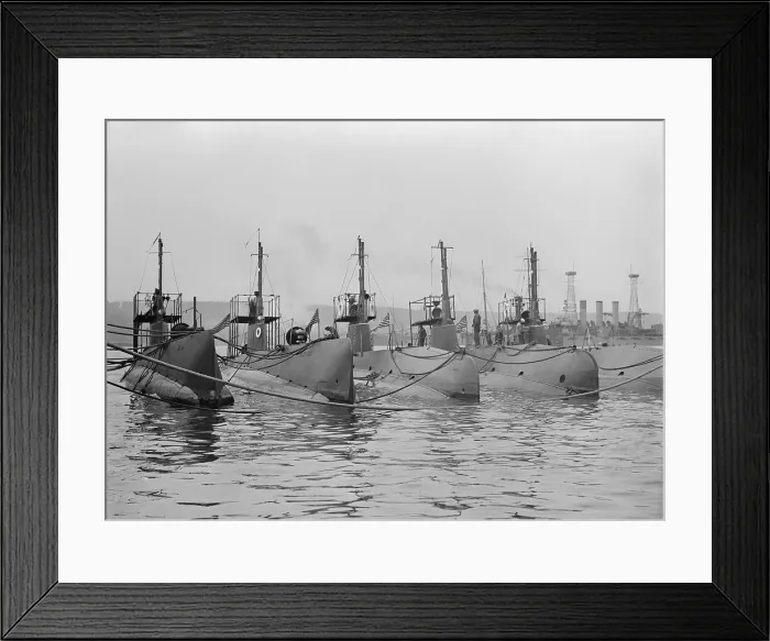 Framed Print : U.S. submarines participating in a naval review in New York City. 1911. L to R: Salem, Grayling, Itarpon, Octopus, Bonita, and in the background, the USS Nebraska