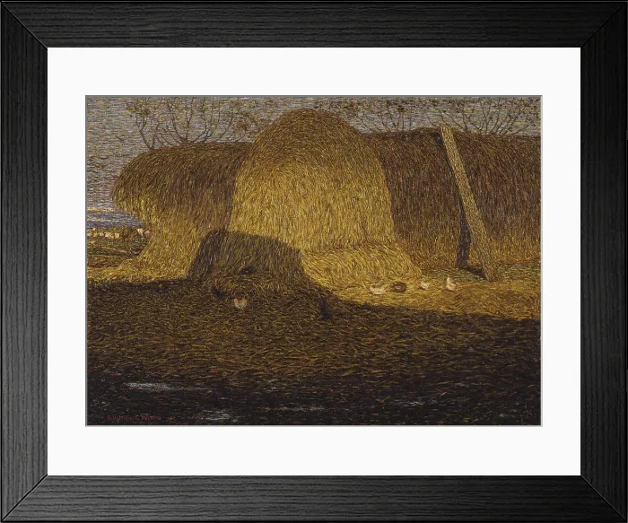 Framed Print : Haystacks in the sun, by Aldo Voltolin, 1912, 20th century, oil on canvas - Italy, Veneto, Treviso, Civic Museum. Whole artwork view. Country landscape with haystacks