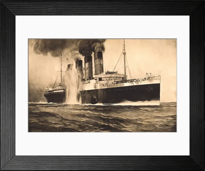 Framed Print : RMS Lusitania torpedoed by a German submarine on May 7, 1915.Near Kinsale Head, Ireland, the torpedo hits behind a gaping hole in the hull