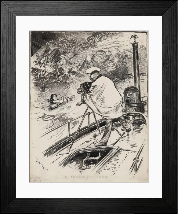 Framed Print : German WW1 submarine commander filming sinking ship and drowning victims, 1915. Original ink drawing for a cartoon against German submarine warfare