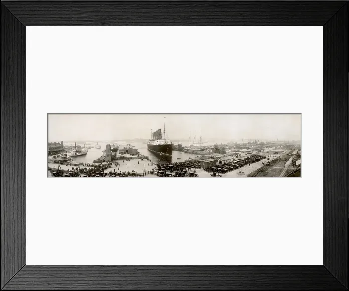 Framed Print : RMS Lusitania in New York harbor at end of a 1907 voyage. Broad view of New York waterfront with a variety of ships. (BSLOC_2012_4_106)