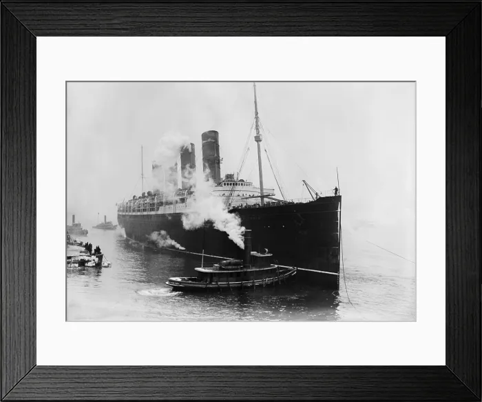 Framed Print : HRM Lusitania steered by tug boats at a New York City pier. Mar. 6, 1914. (BSLOC_2012_4_103)