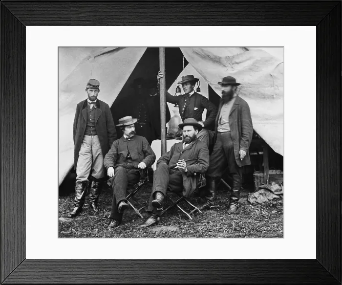 Framed Print : Major Allan Pinkerton and colleagues of the Secret Service Department, of the Army of the Potomac at Antietam, Maryland. Seated, L-R: William Moore and Allan Pinkerton Framed Print : Major Allan Pinkerton and colleagues of the Secret Service Department, of the Army of the Potomac at Antietam, Maryland. Seated, L-R: William Moore and Allan Pinkerton