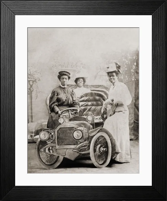Framed Print : Three African-American women posed with studio prop automobile, c. 1905-1915 Framed Print : Three African-American women posed with studio prop automobile, c. 1905-1915