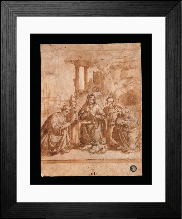 Framed Print : Holy Family with young St John and an angel, by Marco dOggiono, 16th Century, red ink and water wash, - Italy, Veneto, Venice, Accademia Art Galleries Framed Print : Holy Family with young St John and an angel, by Marco dOggiono, 16th Century, red ink and water wash, - Italy, Veneto, Venice, Accademia Art Galleries