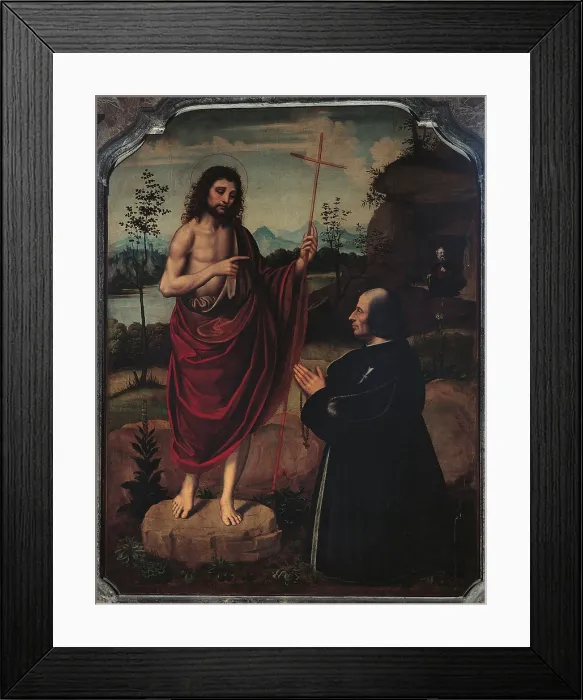 Framed Print : St John the Baprtist and a Donor, by Marco dOggiono, 16th Century, oil on wood, - Italy, Lombardy, Milan, Santa Maria delle Grazie Church. Full view