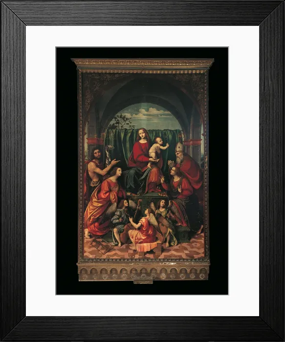 Framed Print : Madonna, saints and angels, by Marco dOggiono, 16th Century, oil on wood, - Italy, Lombardy, Milan, SantEufemia Church. Full view Framed Print : Madonna, saints and angels, by Marco dOggiono, 16th Century, oil on wood, - Italy, Lombardy, Milan, SantEufemia Church. Full view