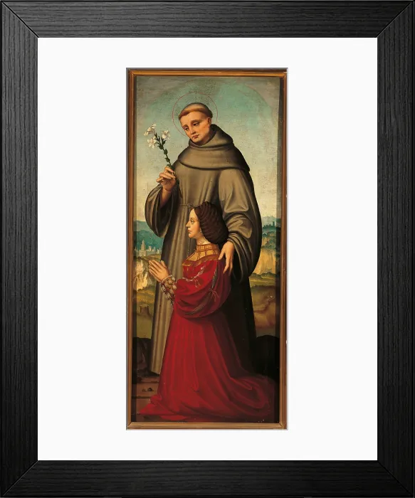 Framed Print : St Anthony presenting Giulia Trivulzio, by Marco dOggiono, 16th Century, tempera on wood, - Italy, Lombardy, Milan, Brera Art Gallery. part of a polyptych. Full view