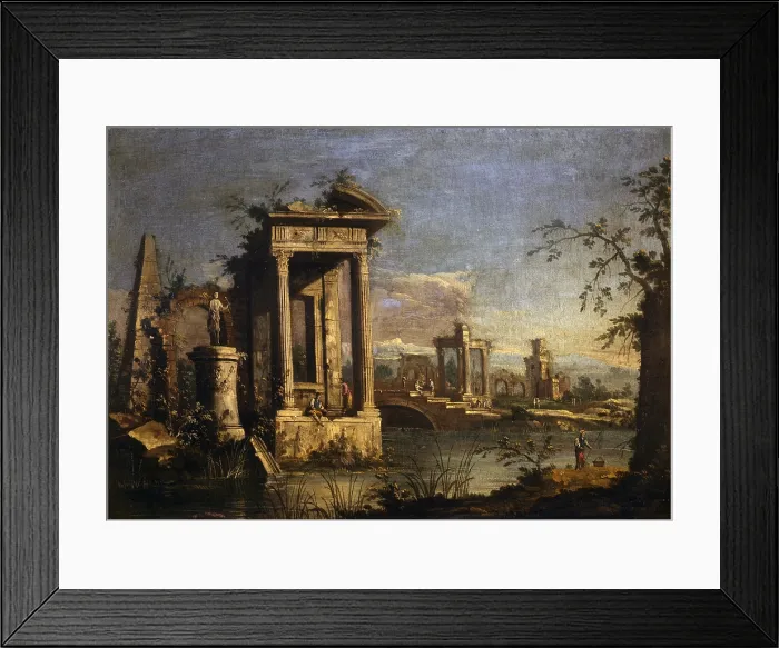 Framed Print : River landscape with ruins and figures, by unknown venetian artist, 1750, 18th Century, oil on canvas - Italy, Lombardy, Milan, Castello Sforzesco