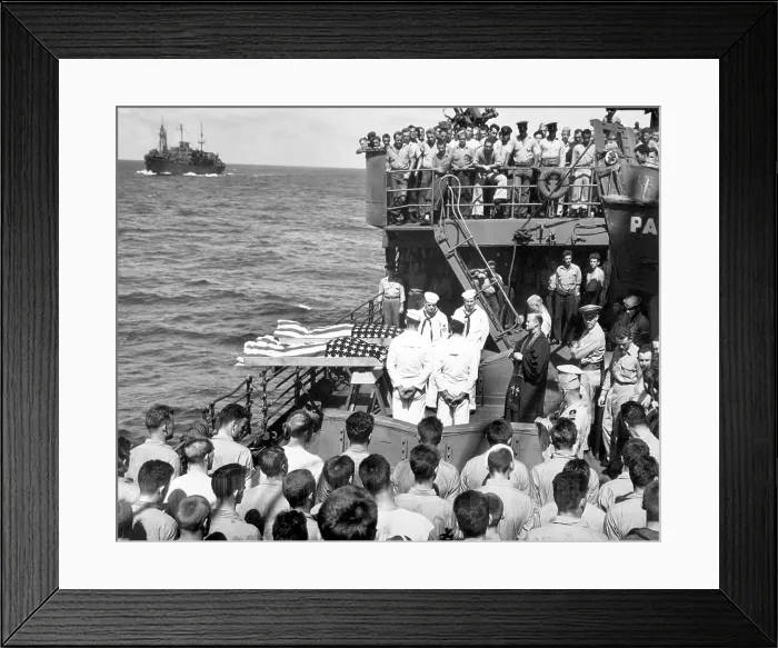 Framed Print : Burial at sea for 2 of the 644 sailors killed in the sinking of USS Liscome Bay, Nov. 24, 1943. The aircraft carrier was torpedoed by a Japanese submarine in the Gilbert Islands Framed Print : Burial at sea for 2 of the 644 sailors killed in the sinking of USS Liscome Bay, Nov. 24, 1943. The aircraft carrier was torpedoed by a Japanese submarine in the Gilbert Islands