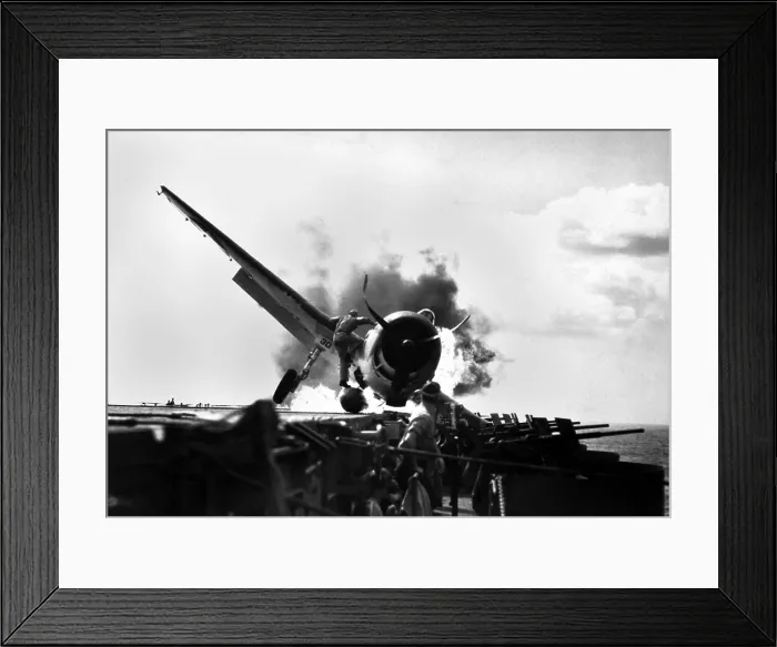 Framed Print : Crash landing of a Hellcat fighter on flight deck of USS ENTERPRISE Framed Print : Crash landing of a Hellcat fighter on flight deck of USS ENTERPRISE