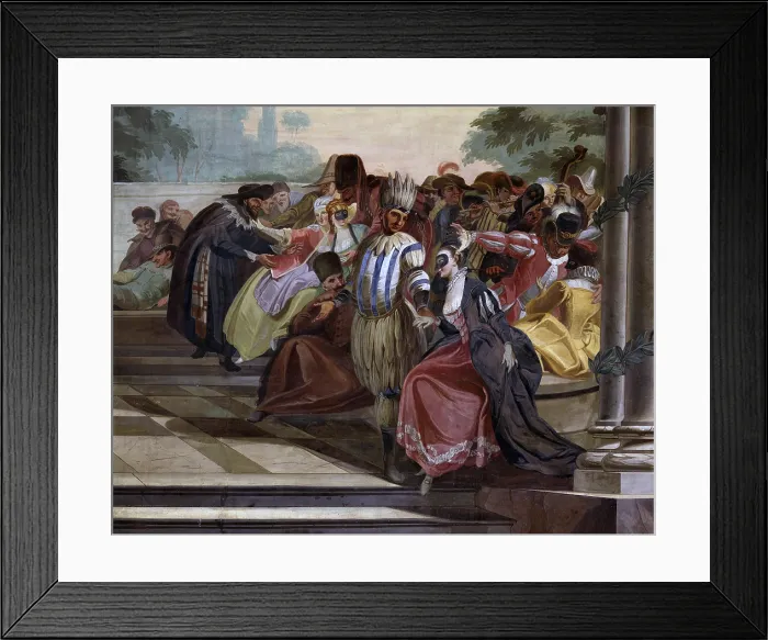 Framed Print : Masked Party, by Carl Henrici, 1776, 18th century, fresco - Italy, Trentino Alto Adige, Bolzano, Menz Palace. Detail. Masked characters during a party
