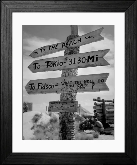Framed Print : Sign on Tarawa Island illustrates Marine Corps humor and lack of optimism as to duration of war against Japan. Gilbert Islands, June 1944. (BSLOC_2013-12_195)