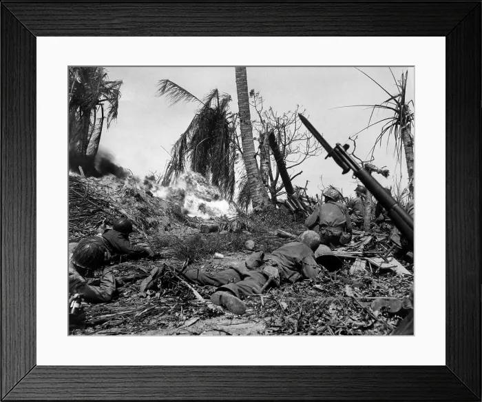 Framed Print : U.S. Marines use flame throwers against a Japanese block house on Kwajalein Island, Feb. 4, 1944. Any enemy soldiers who emerged, faced Marine rifles. (BSLOC_2013-12_199)