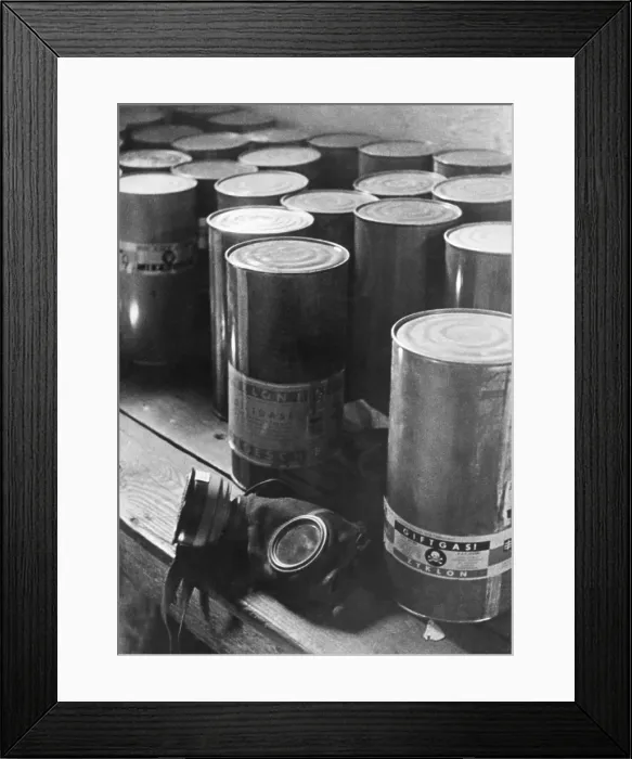Framed Print : Canisters of Zyklon pellets used in gas chambers of Lublin / Majdanek Concentration Camp. Two of the camps three gas chambers used the advanced deadly gas. (BSLOC_2015_13_2)