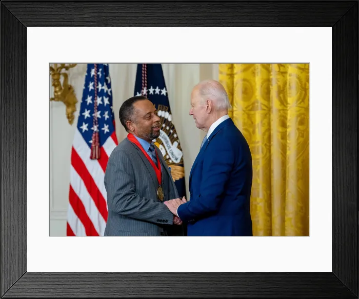 Framed Print : President Joe Biden presents the 2021 National Humanities Medal to social historian, author, and diversity activist, Earl Lewis, March 21, 2023. With J