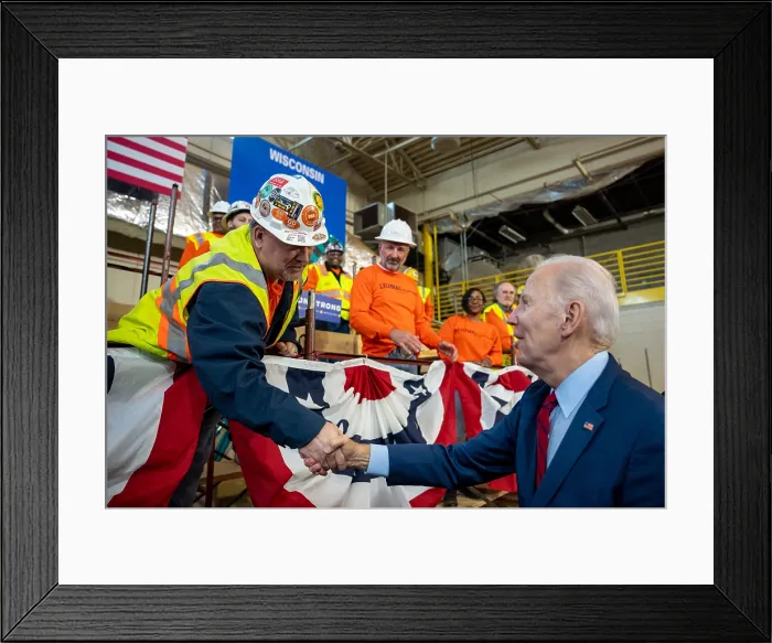 Framed Print : President Joe Biden greets workers after delivering remarks on the economy, in DeForest, Wisconsin. Feb. 8, 2023