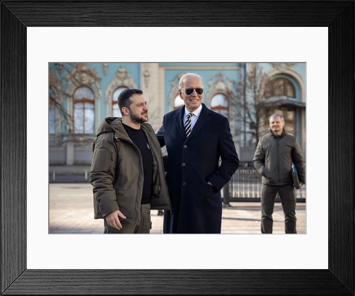 Framed Print : President Joe Biden with Ukrainian President Volodymyr Zelenskyy, Feb. 20, 2023, during an unannounced trip to Kyiv, Ukraine Framed Print : President Joe Biden with Ukrainian President Volodymyr Zelenskyy, Feb. 20, 2023, during an unannounced trip to Kyiv, Ukraine