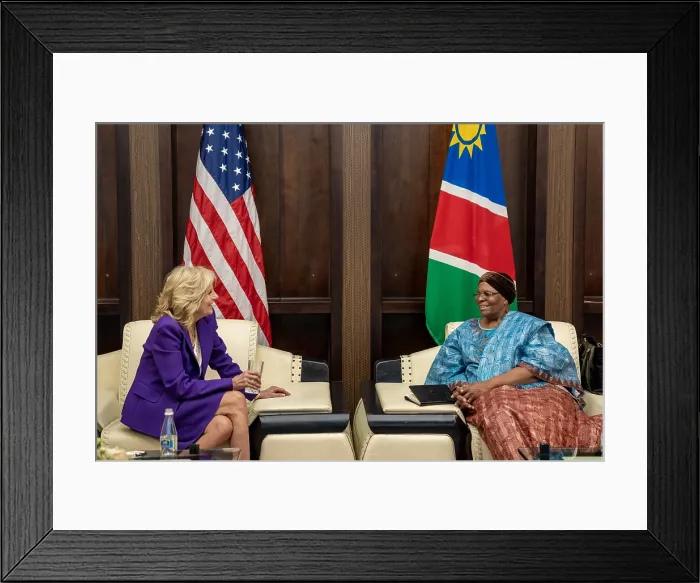 Framed Print : First Lady Jill Biden meets with Deputy Prime Minster of Namibia, Netumbo Nandi-Ndaitwah, to discuss women's empowerment in their respective countries, Feb