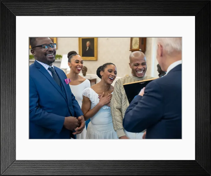 Framed Print : President Joe Biden greets members of the Alvin Ailey Dance Theater at the White House, where they performed as part of Black History Month celebrations, Feb Framed Print : President Joe Biden greets members of the Alvin Ailey Dance Theater at the White House, where they performed as part of Black History Month celebrations, Feb