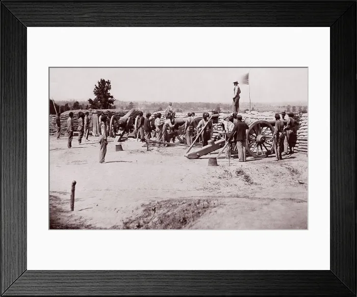 Framed Print : US Civil War. Petersburg Campaign, June 9, 1864 to March 25, 1865. African American artillery men is position at the three gun battery Framed Print : US Civil War. Petersburg Campaign, June 9, 1864 to March 25, 1865. African American artillery men is position at the three gun battery