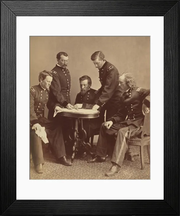 Framed Print : Major General Philip Sheridan with his generals examining a document at a table Framed Print : Major General Philip Sheridan with his generals examining a document at a table