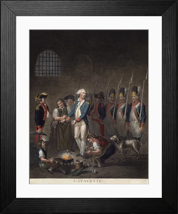 Framed Print : French Revolution. Marquis De La Lafayette, in his National Guard uniform is confined in wrist and leg-irons in an Austrian Netherlands prison in 1792 Framed Print : French Revolution. Marquis De La Lafayette, in his National Guard uniform is confined in wrist and leg-irons in an Austrian Netherlands prison in 1792