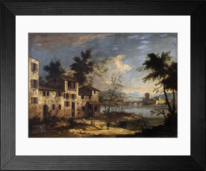 Framed Print : River landscape with rural houses, 1750, 18th century, oil on canvas - Italy, Lombardy, Milan, Castello Sforzesco, Civic Collections of Ancient Art. Whole artwork view