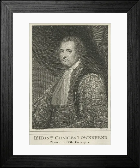 Framed Print : Charles Townshend, Chancellor of the Exchequer, established the controversial Townshend Acts, five separate acts of 1767-68 to tax, restrict trade