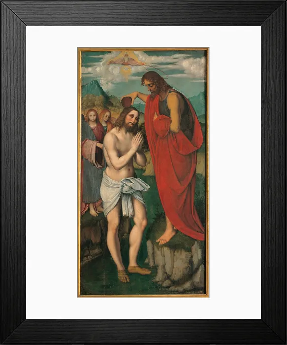 Framed Print : Baptism of Christ, by Marco dOggiono, Giovanni Agostino da Lodi known as Pseudo Boccaccino, 16th Century, oil on poplar wood panel, - Italy, Lombardy, Milan, Brera Art Gallery