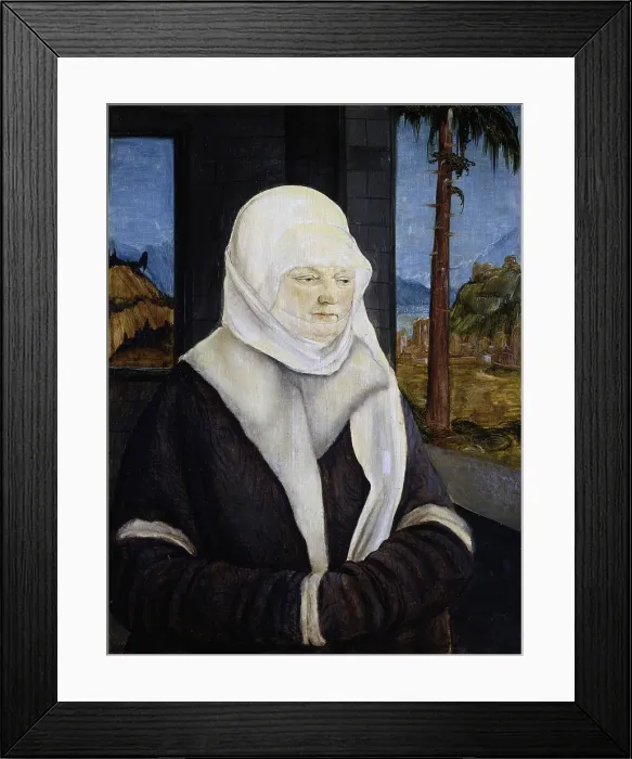 Framed Print : Portrait of old lady from the Reuss Family, by Huber Wolf, 1524, 16th century, oil on conifer wood board, 43 x 32, 7 cm - Spain, Madrid, Thyssen-Bornemisza Museum