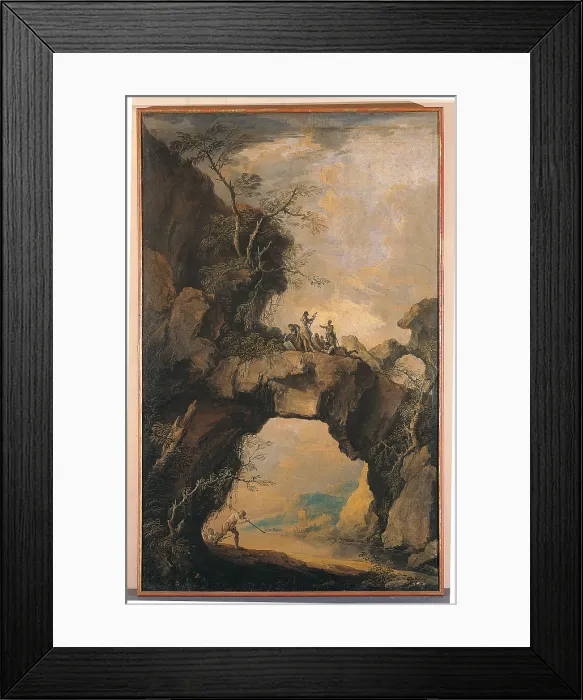 Framed Print : Landscape with soldiers on a natural rock arch, by Antonio Marini, 1680 - 1699 about, 17th Century, canvas, - Italy, Veneto, Padua, Civic Museums. Full view Framed Print : Landscape with soldiers on a natural rock arch, by Antonio Marini, 1680 - 1699 about, 17th Century, canvas, - Italy, Veneto, Padua, Civic Museums. Full view