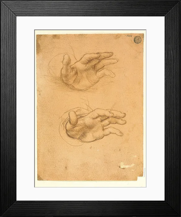 Framed Print : Hands Studio, by Maestro lombardo del Cinquecento o Cesare da Sesto, Sanguine on red prepared paper, - Italy, Veneto, Venice, Accademia Art Galleries, inv. n. 140