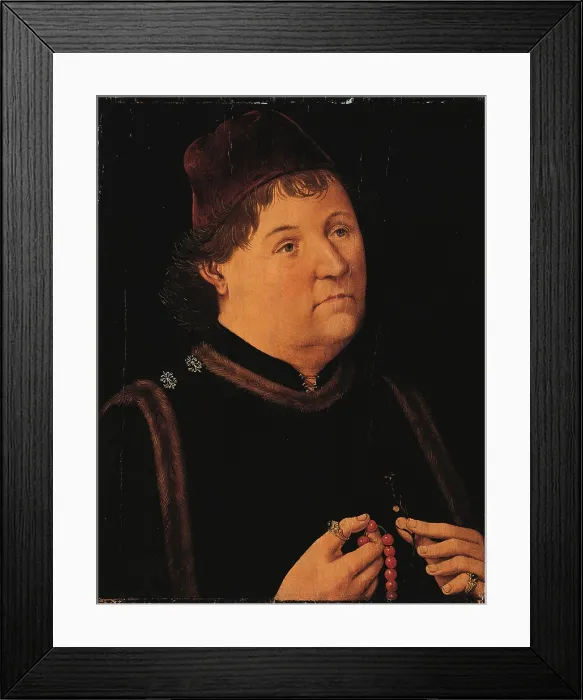 Framed Print : Portrait of a Man, by Master of Ulm, Unknown, - Spain, Comunidad de Madrid, Thyssen-Bornemisza Collection. All portrait man gentleman headdress headgear rings necklace face hands