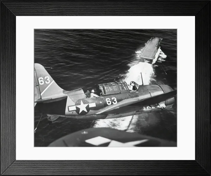 Framed Print : Aerial view of a Curtiss Helldiver in the landing circle above the USS YORKTOWN. Photo taken in the Pacific in World War 2 fighting against the Japanese. July 1944
