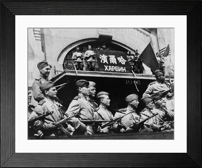 Framed Print : Soviet soldiers in Harbin, China, during the last days of World War 2. The Soviet Union declared war on Japan on Aug