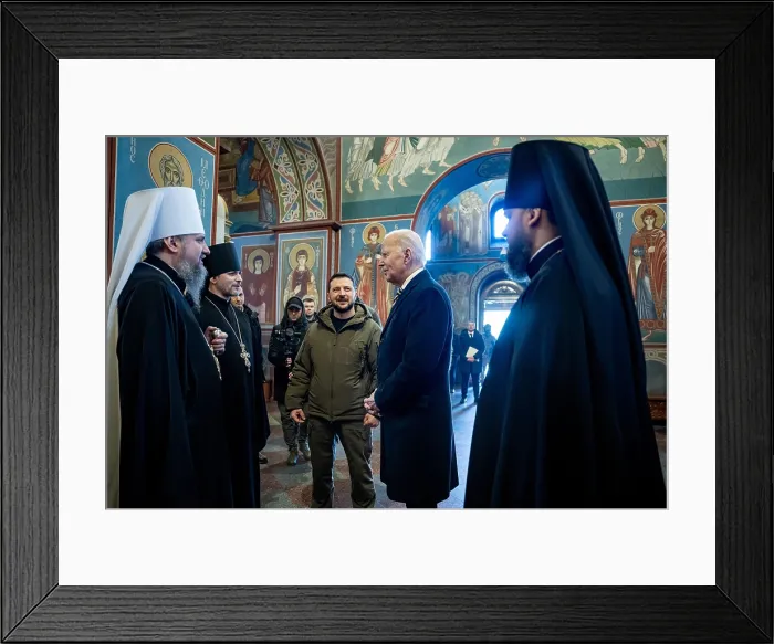 Framed Print : Welcomed by Ukrainian Orthodox clerics, President Joe Biden visits the cathedral of St. Michael's Monastery in Kyiv, with Ukrainian President Volodymyr Zelenskyy, Feb