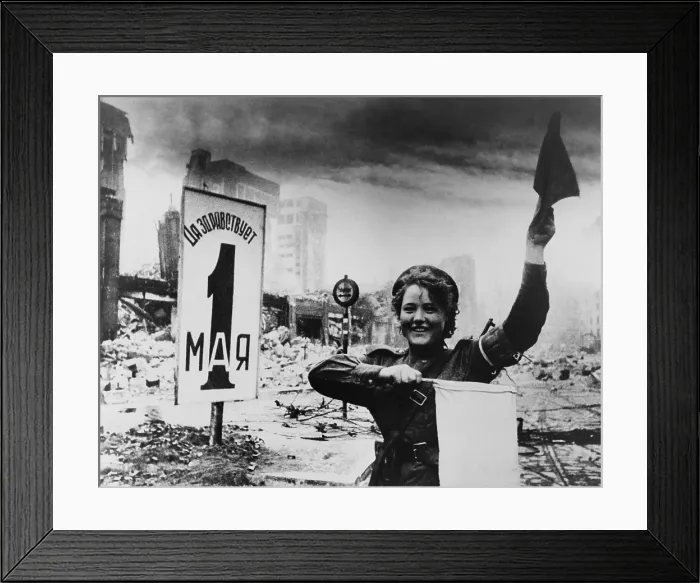 Framed Print : World War 2, Battle of Berlin, April 16-May 2, 1945. Female Soviet soldier, Maria Shalneva, standing amid rubble with signal flags Framed Print : World War 2, Battle of Berlin, April 16-May 2, 1945. Female Soviet soldier, Maria Shalneva, standing amid rubble with signal flags