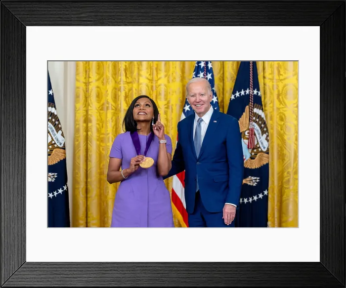 Framed Print : President Joe Biden presents the 2021 National Medal of the Arts to Mindy Kaling, March 21, 2023