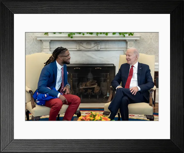 Framed Print : President Joe Biden meets with Buffalo Bills safety Damar Hamlin, March 30, 2023, in the Oval Office of the White House Framed Print : President Joe Biden meets with Buffalo Bills safety Damar Hamlin, March 30, 2023, in the Oval Office of the White House