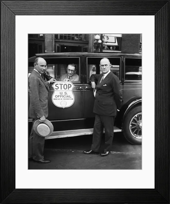 Framed Print : Bureau of Prohibition car used by Treasury agents when stopping suspected vehicles. L-R: Prohibition Administrator Ames Woodcock; H.M Framed Print : Bureau of Prohibition car used by Treasury agents when stopping suspected vehicles. L-R: Prohibition Administrator Ames Woodcock; H.M